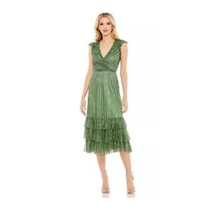 New Mac Duggal Sequined Wrap Over Cap Sleeve Ruffle Hem gown In Sage Sz 16 $498